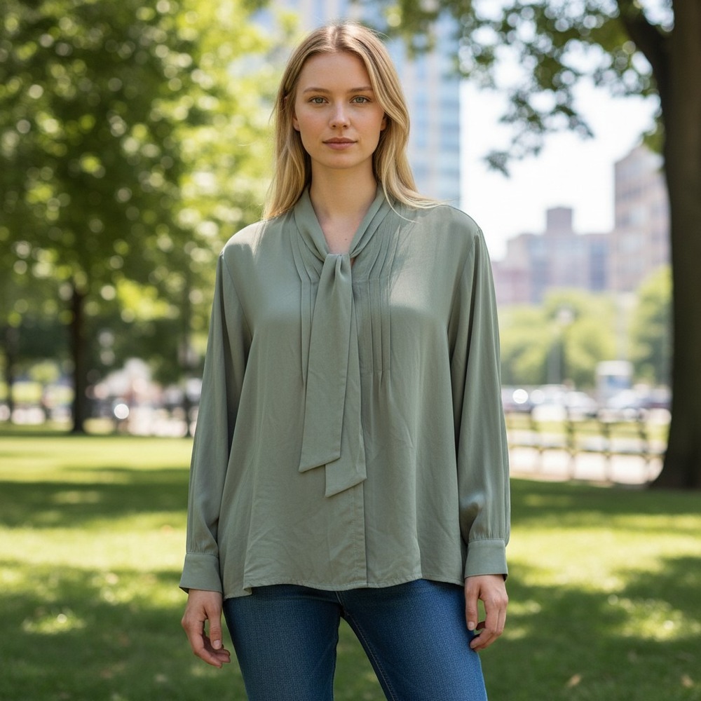 Silk Dragon Button Down Blouse Womens XL Sage Green Silk Long Sleeve Vintage